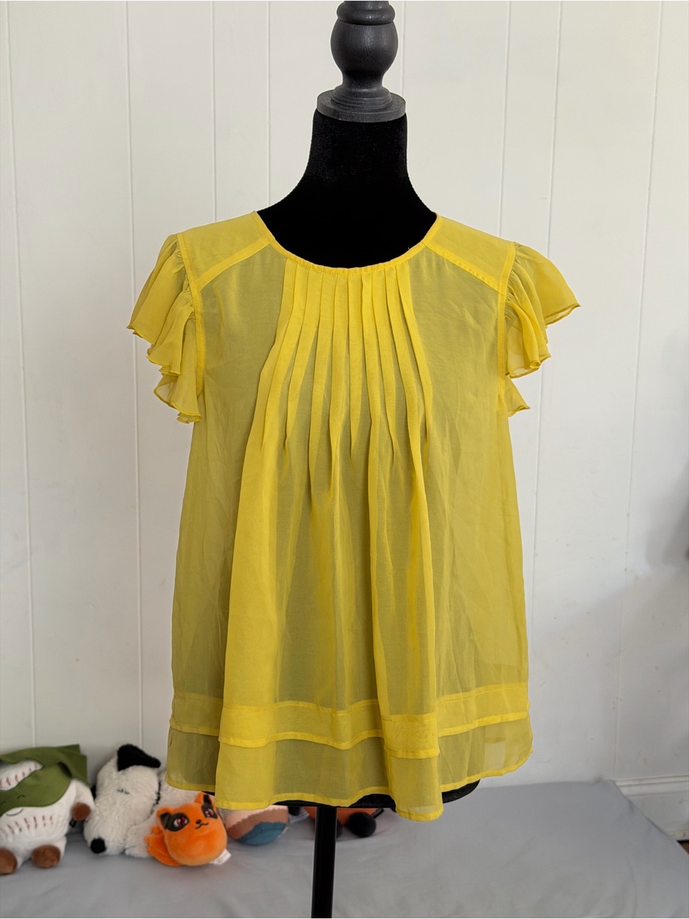 Yellow Pleated Flutter Sleeve Women's Top size XS